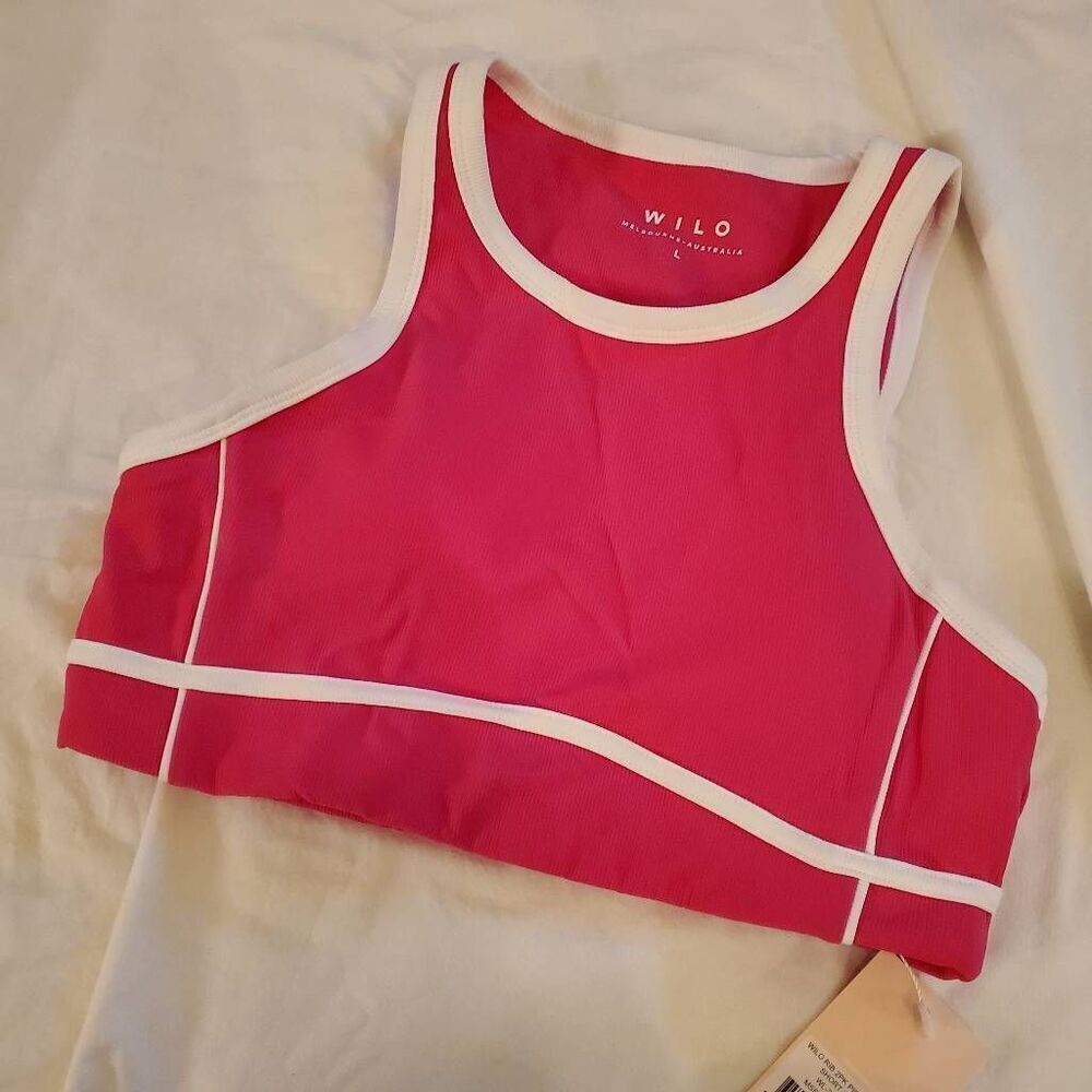 NWT. Wilo the Label. Hot Pink with white trim Sports Bra. Size Large.